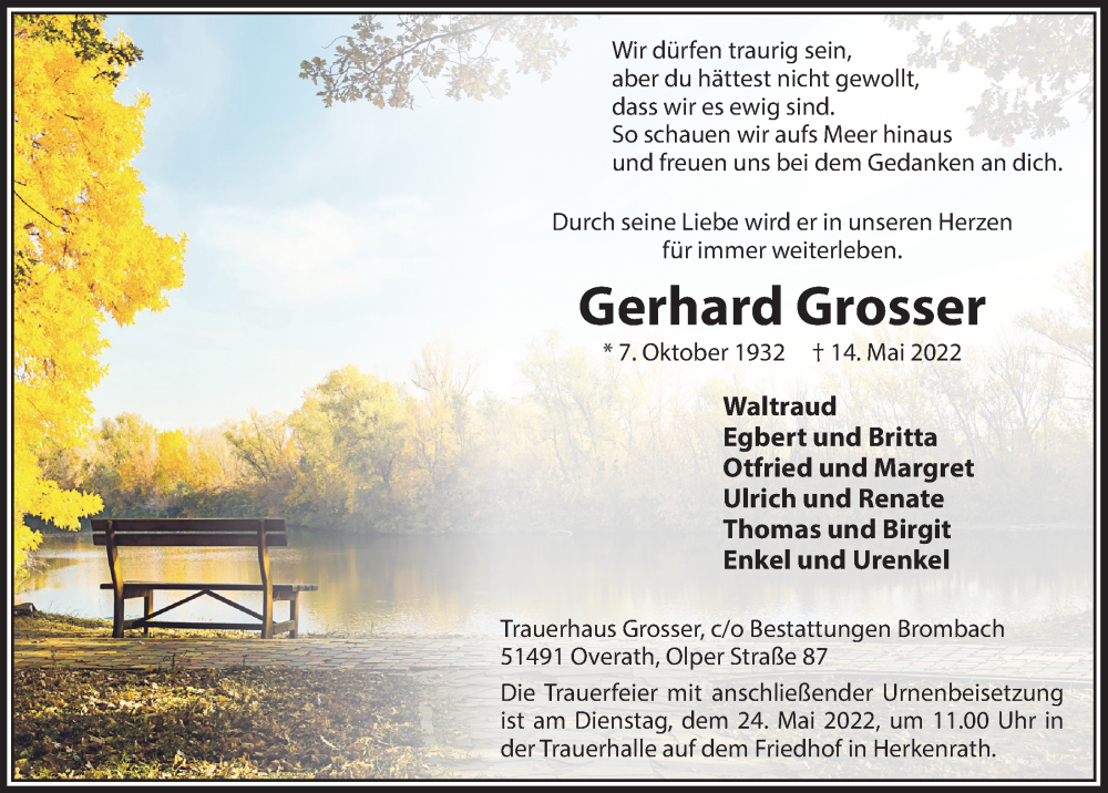  Traueranzeige für Gerhard Grosser vom 20.05.2022 aus  Bergisches Handelsblatt 