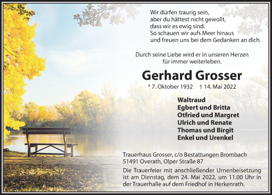 Anzeige von Gerhard Grosser von  Bergisches Handelsblatt 