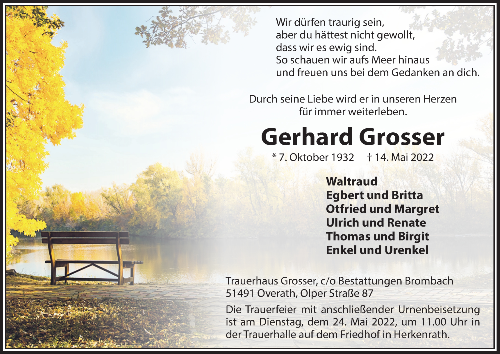  Traueranzeige für Gerhard Grosser vom 21.05.2022 aus Kölner Stadt-Anzeiger / Kölnische Rundschau / Express
