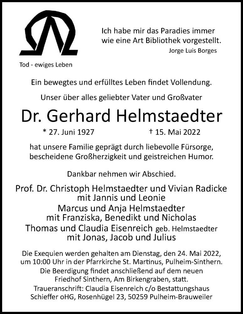  Traueranzeige für Gerhard Helmstaedter vom 21.05.2022 aus Kölner Stadt-Anzeiger / Kölnische Rundschau / Express