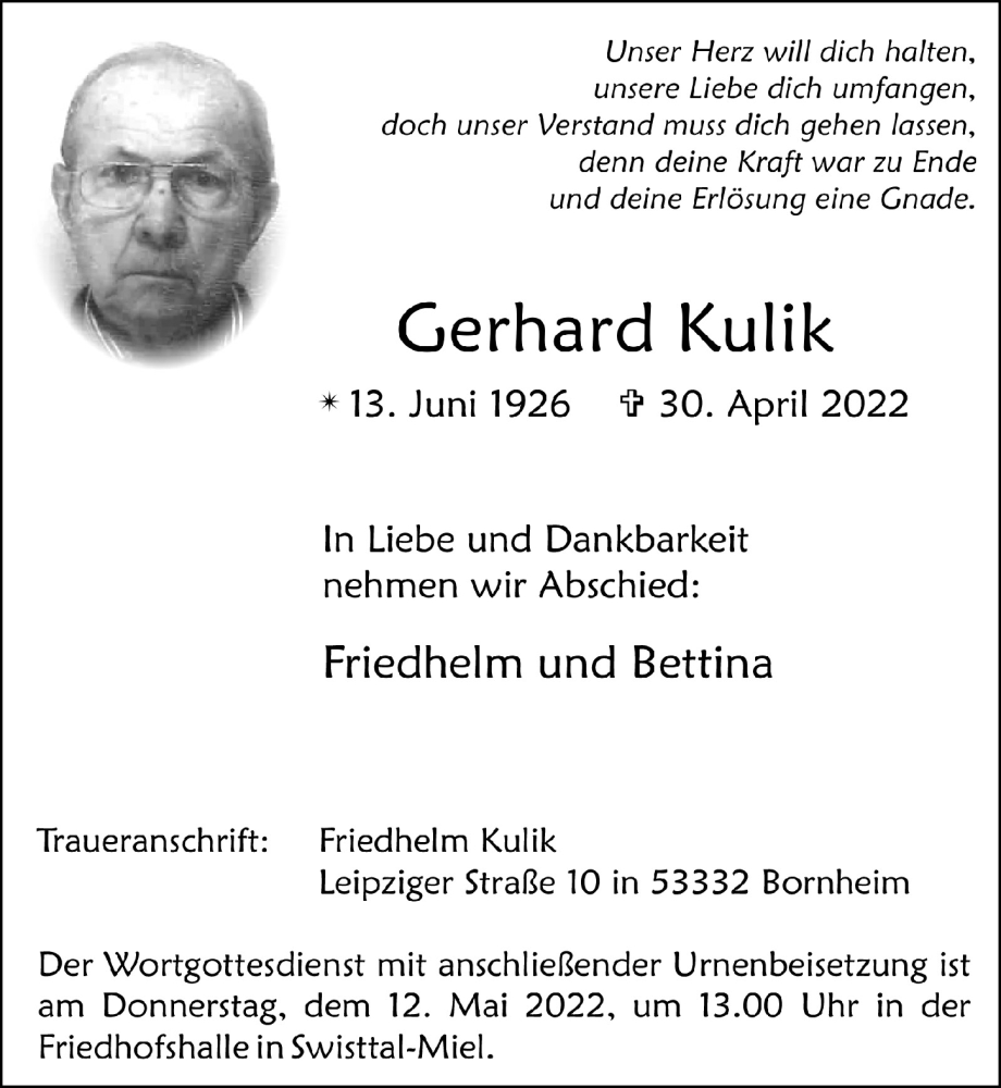  Traueranzeige für Gerhard Kulik vom 06.05.2022 aus  Schaufenster/Blickpunkt 