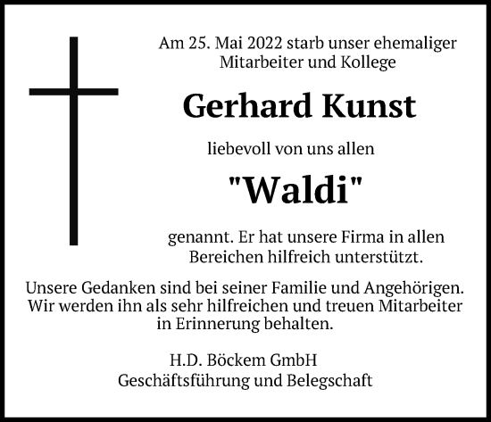 Anzeige von Gerhard Kunst von Kölner Stadt-Anzeiger / Kölnische Rundschau / Express