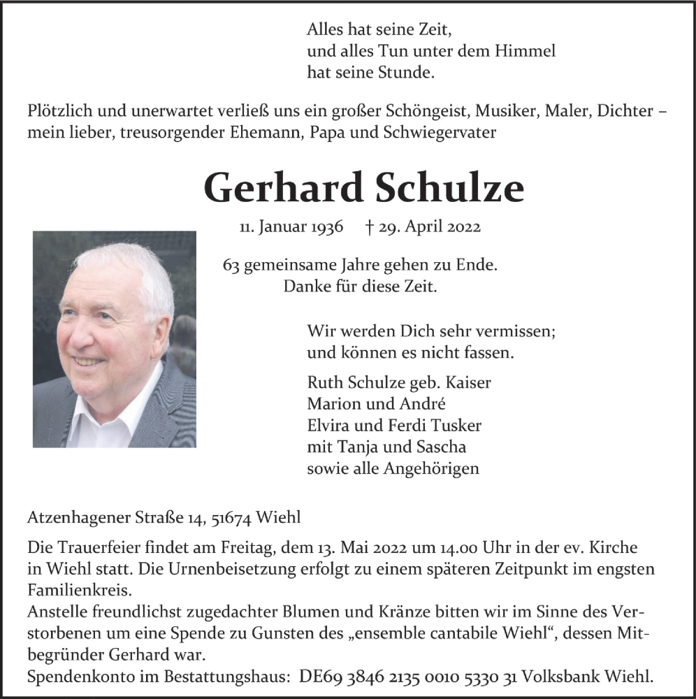  Traueranzeige für Gerhard Schulze vom 06.05.2022 aus  Anzeigen Echo 