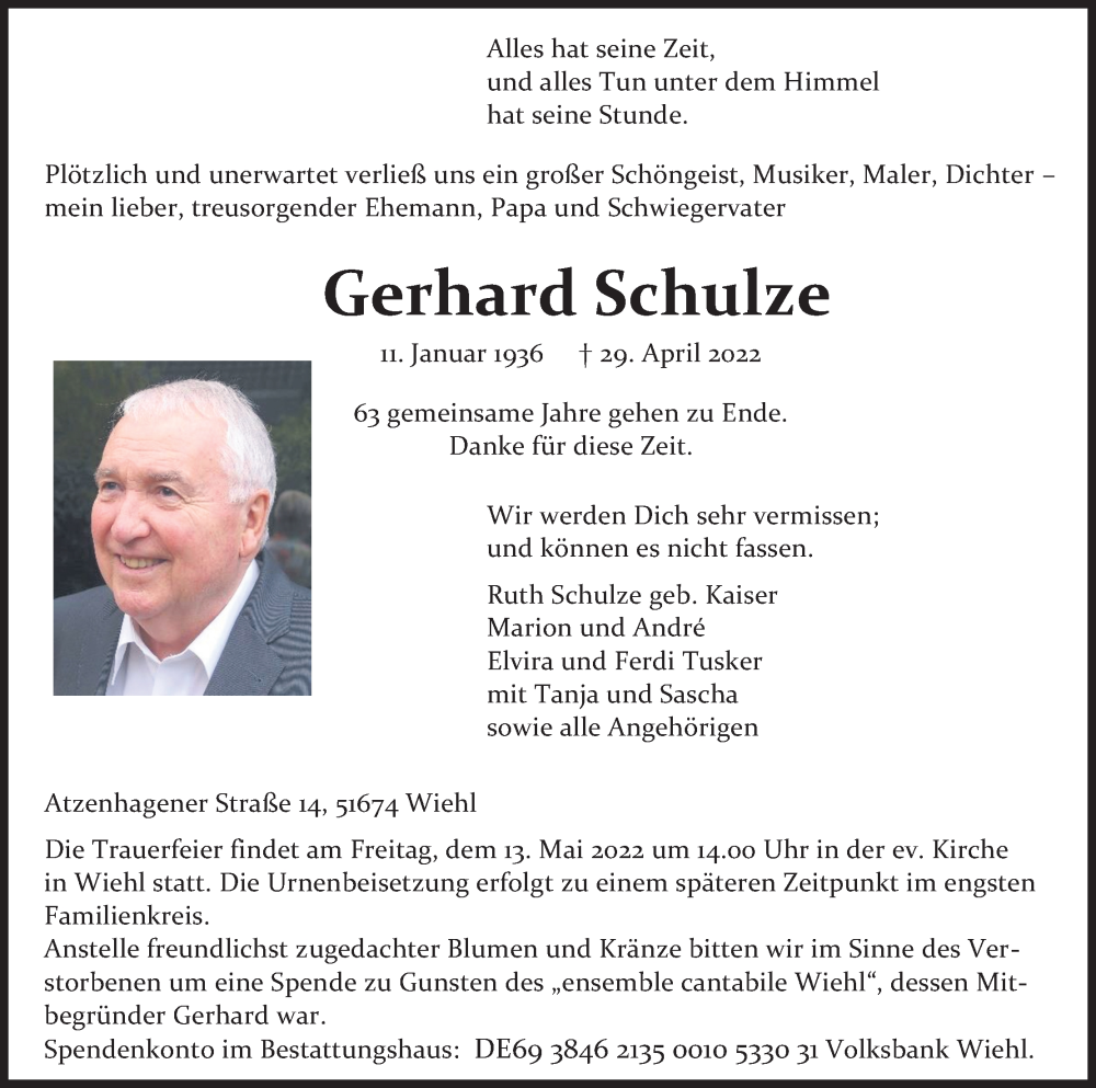  Traueranzeige für Gerhard Schulze vom 07.05.2022 aus Kölner Stadt-Anzeiger / Kölnische Rundschau / Express