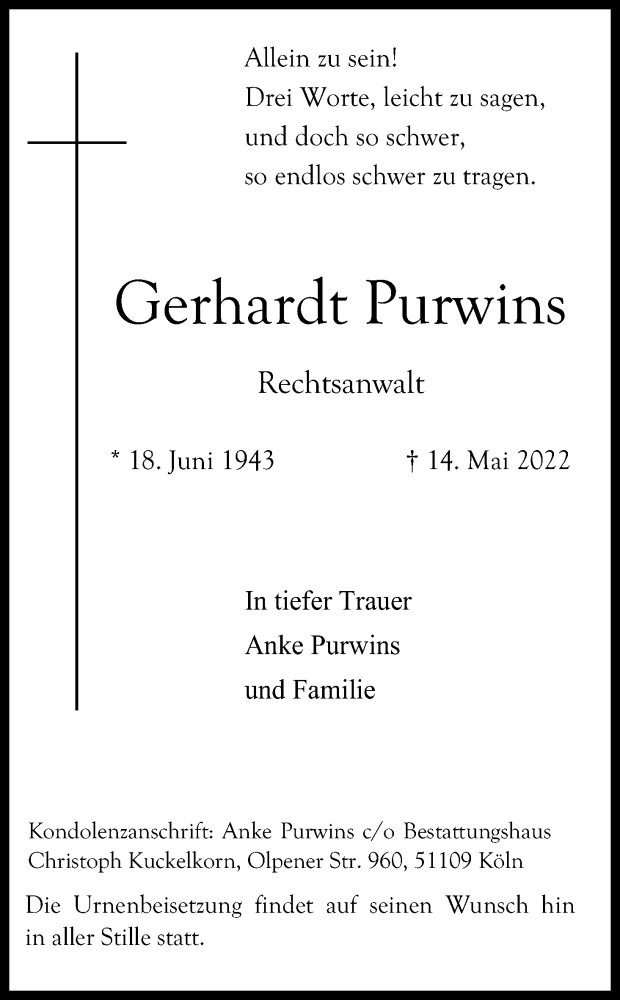  Traueranzeige für Gerhardt Purwins vom 21.05.2022 aus Kölner Stadt-Anzeiger / Kölnische Rundschau / Express