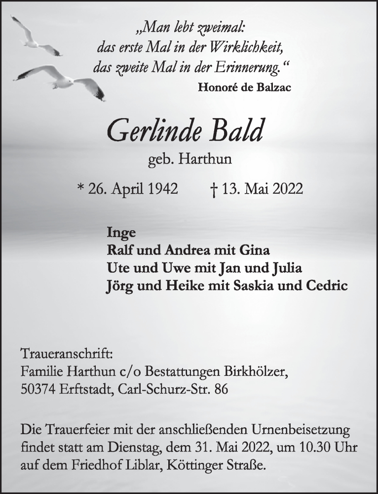  Traueranzeige für Gerlinde Bald vom 20.05.2022 aus  Werbepost 