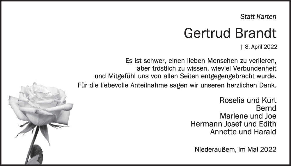  Traueranzeige für Gertrud Brandt vom 27.05.2022 aus  Werbepost 