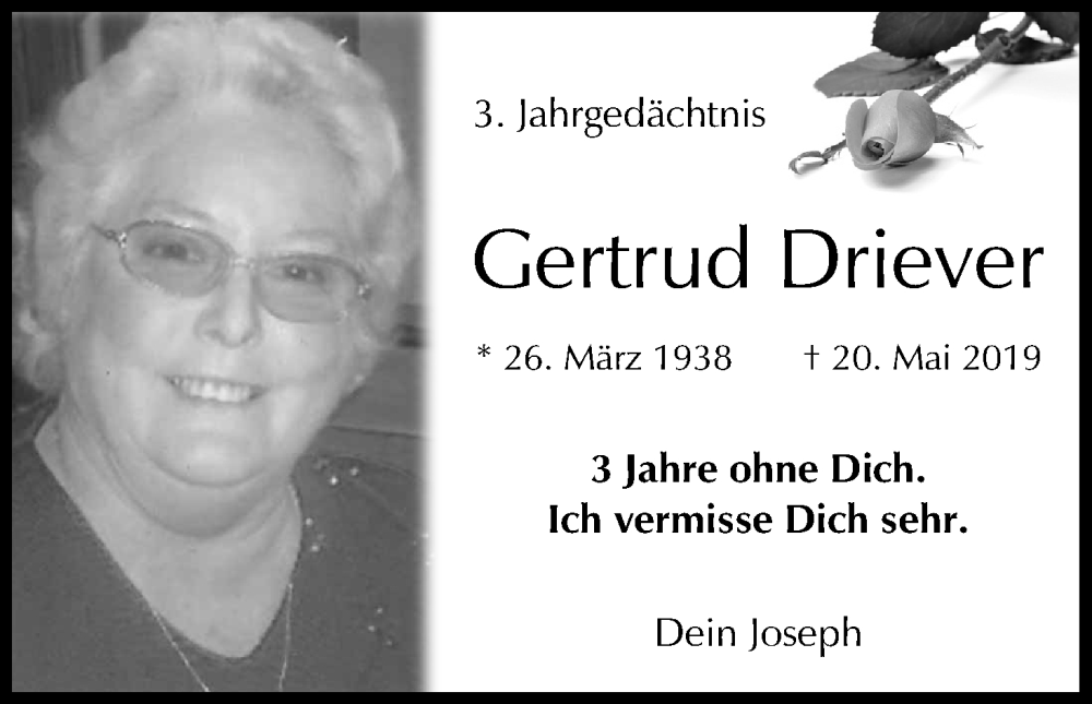 Traueranzeige für Gertrud Driever vom 21.05.2022 aus Kölner Stadt-Anzeiger / Kölnische Rundschau / Express