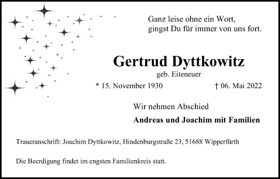 Anzeige von Gertrud Dyttkowitz von Kölner Stadt-Anzeiger / Kölnische Rundschau / Express