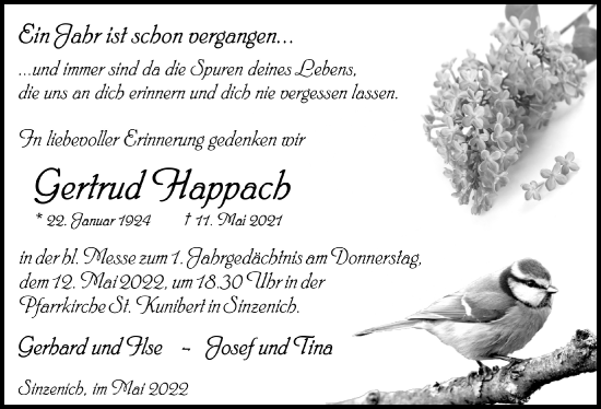 Anzeige von Gertrud Happach von  Blickpunkt Euskirchen 