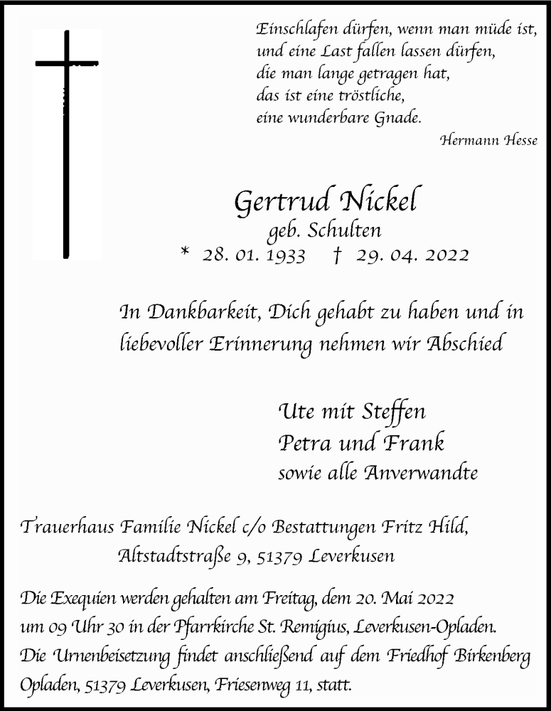  Traueranzeige für Gertrud Nickel vom 17.05.2022 aus Kölner Stadt-Anzeiger / Kölnische Rundschau / Express
