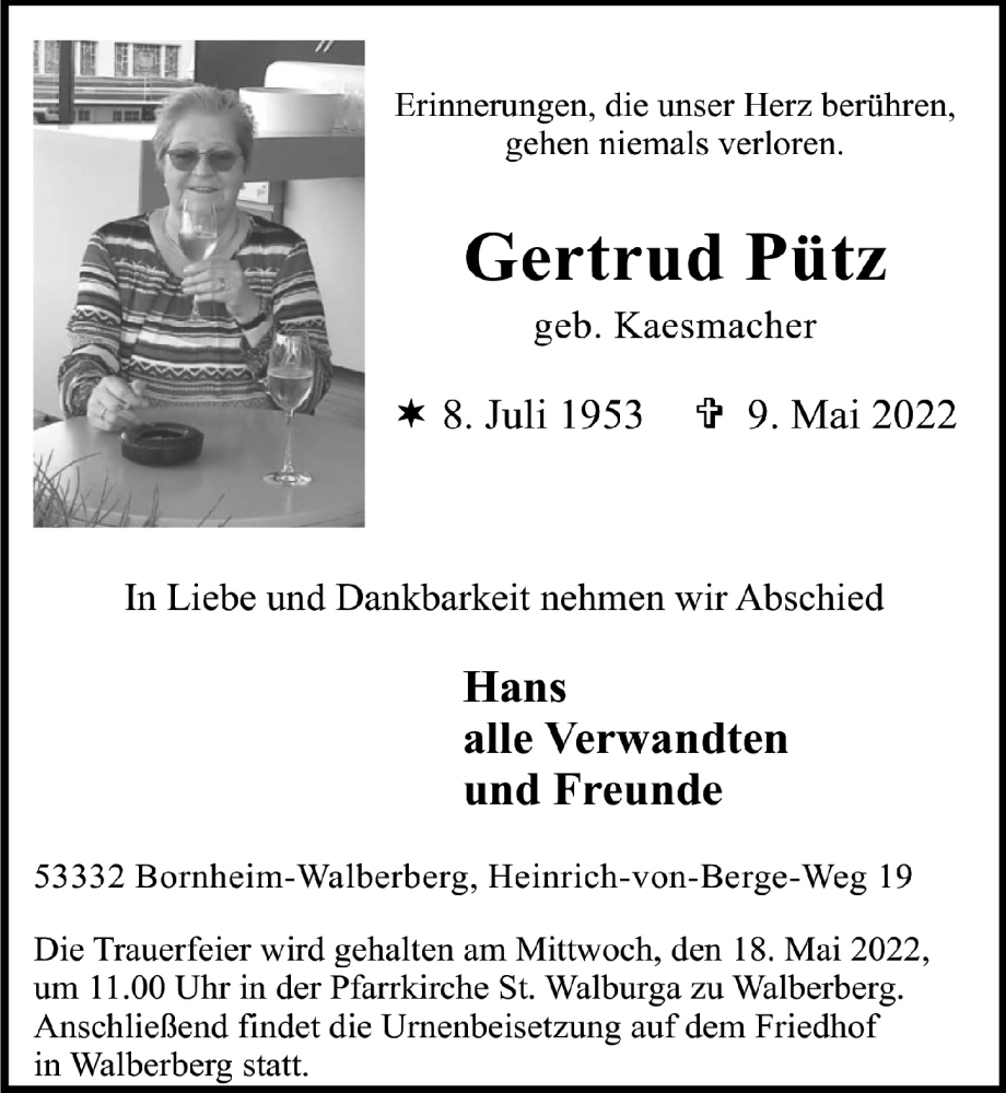  Traueranzeige für Gertrud Pütz vom 13.05.2022 aus  Schlossbote/Werbekurier 