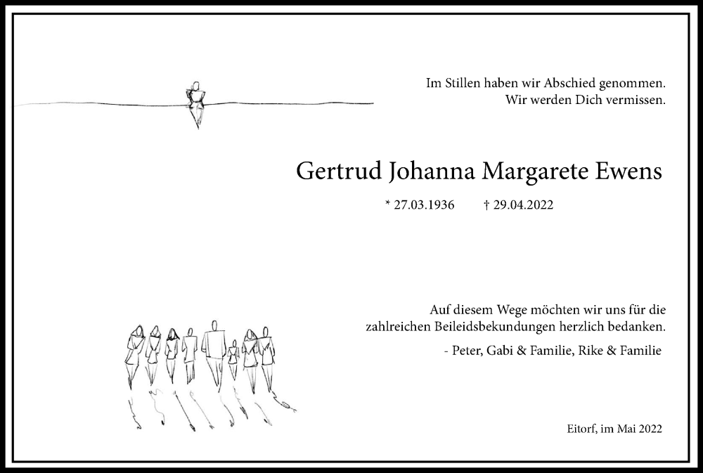  Traueranzeige für Gertrud Johanna Margarete Ewens vom 21.05.2022 aus Kölner Stadt-Anzeiger / Kölnische Rundschau / Express