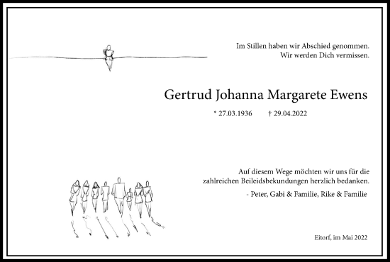 Anzeige von Gertrud Johanna Margarete Ewens von Kölner Stadt-Anzeiger / Kölnische Rundschau / Express