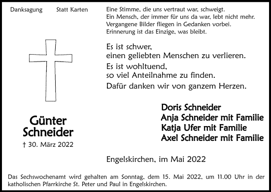 Anzeige von GGüünntteerr Schneider von Kölner Stadt-Anzeiger / Kölnische Rundschau / Express