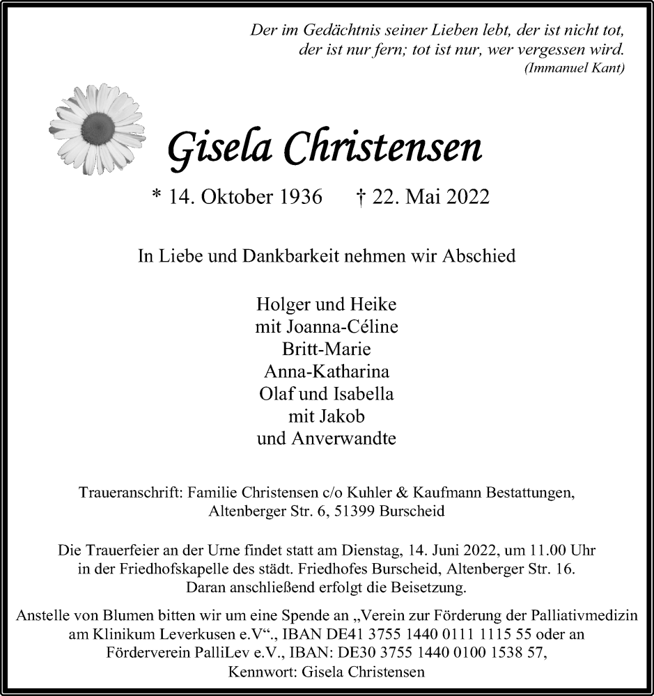  Traueranzeige für Gisela Christensen vom 28.05.2022 aus Kölner Stadt-Anzeiger / Kölnische Rundschau / Express