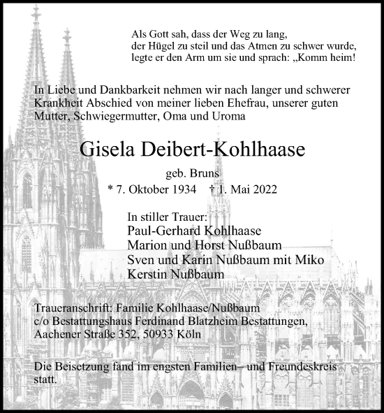Anzeige von Gisela Deibert-Kohlhaase von Kölner Stadt-Anzeiger / Kölnische Rundschau / Express