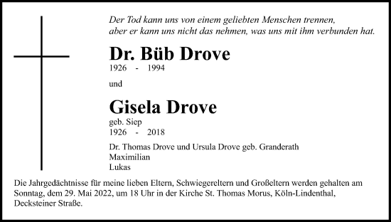 Anzeige von Gisela Drove von Kölner Stadt-Anzeiger / Kölnische Rundschau / Express