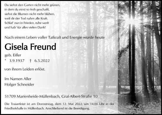 Anzeige von Gisela Freund von Kölner Stadt-Anzeiger / Kölnische Rundschau / Express