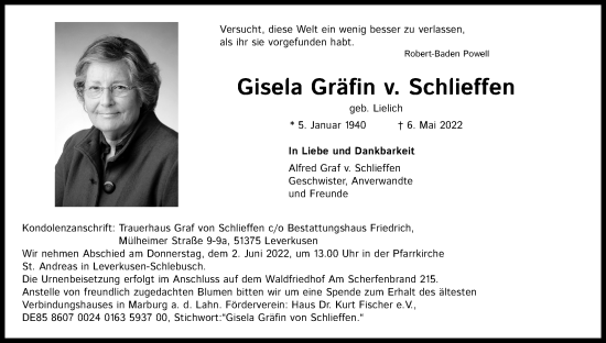 Anzeige von Gisela Gräfin v. Schlieffen von Kölner Stadt-Anzeiger / Kölnische Rundschau / Express
