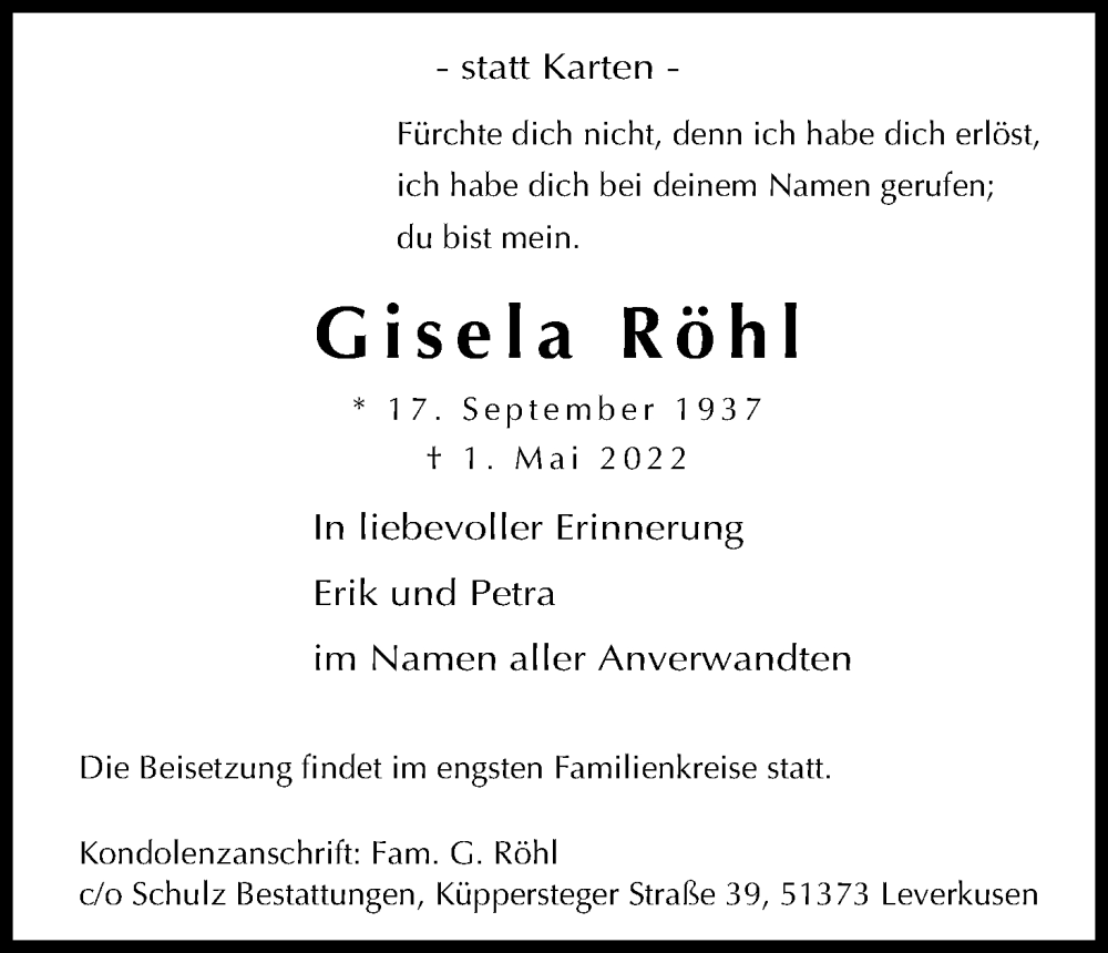  Traueranzeige für Gisela Röhl vom 07.05.2022 aus Kölner Stadt-Anzeiger / Kölnische Rundschau / Express