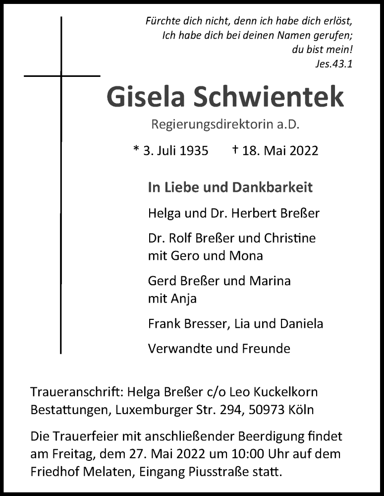  Traueranzeige für Gisela Schwientek vom 25.05.2022 aus Kölner Stadt-Anzeiger / Kölnische Rundschau / Express