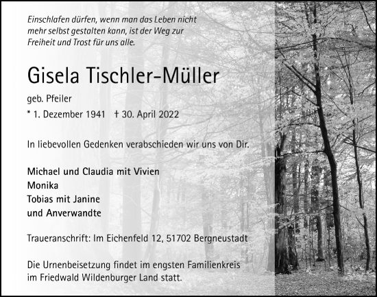Anzeige von Gisela Tischler-Müller von  Anzeigen Echo 