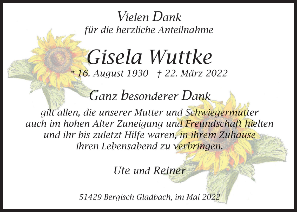  Traueranzeige für Gisela Wuttke vom 06.05.2022 aus  Bergisches Handelsblatt 