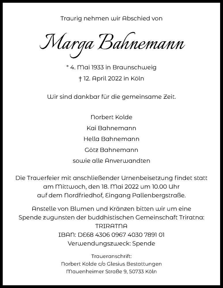  Traueranzeige für Marga Bahnemann vom 14.05.2022 aus Kölner Stadt-Anzeiger / Kölnische Rundschau / Express