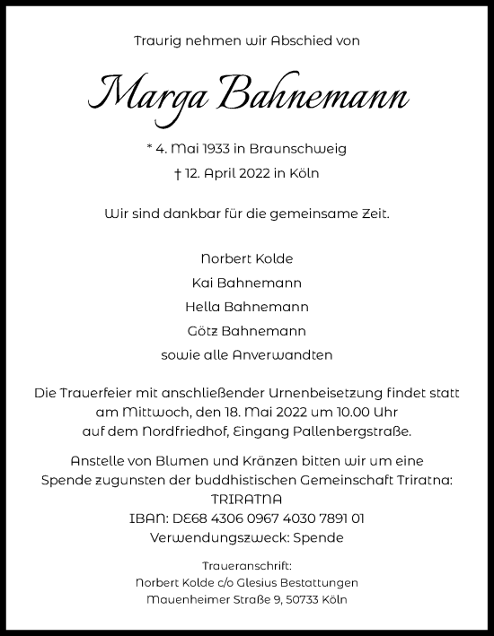 Anzeige von Marga Bahnemann von Kölner Stadt-Anzeiger / Kölnische Rundschau / Express