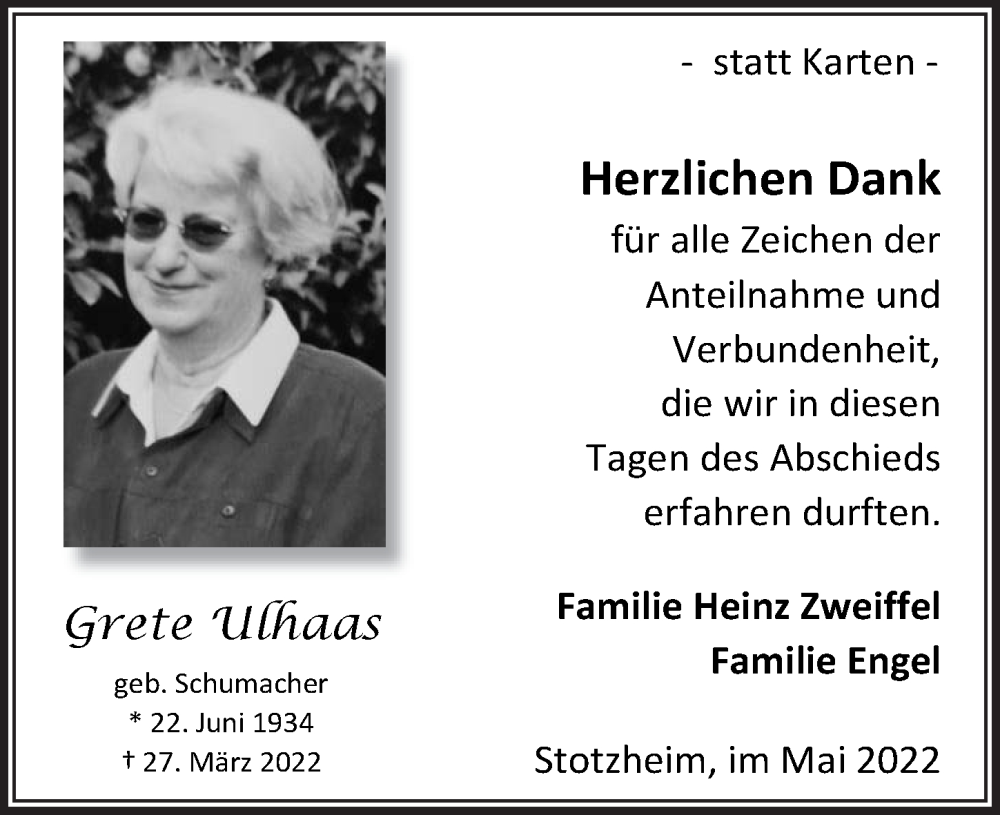  Traueranzeige für Grete Ulhaas vom 21.05.2022 aus  Blickpunkt Euskirchen 