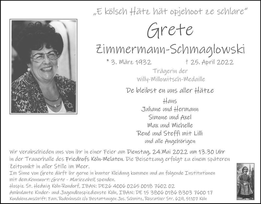  Traueranzeige für Grete Zimmermann-Schmaglowski vom 07.05.2022 aus Kölner Stadt-Anzeiger / Kölnische Rundschau / Express