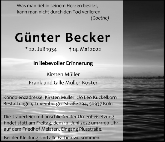 Anzeige von Günter Becker von Kölner Stadt-Anzeiger / Kölnische Rundschau / Express