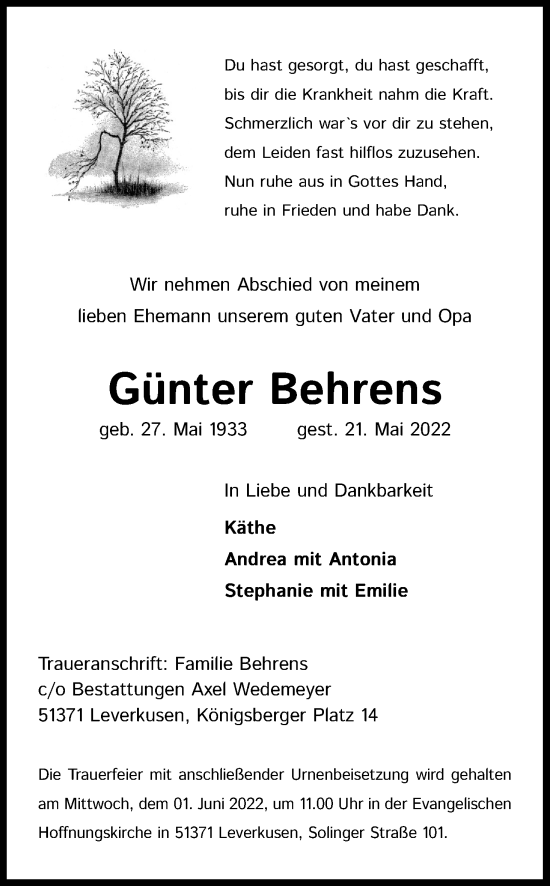 Anzeige von Günter Behrens von Kölner Stadt-Anzeiger / Kölnische Rundschau / Express