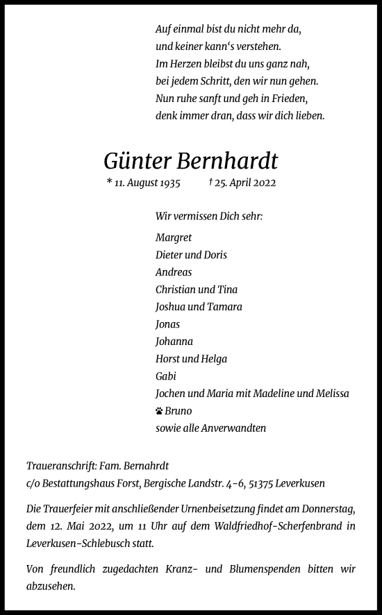 Anzeige von Günter Bernhardt von Kölner Stadt-Anzeiger / Kölnische Rundschau / Express