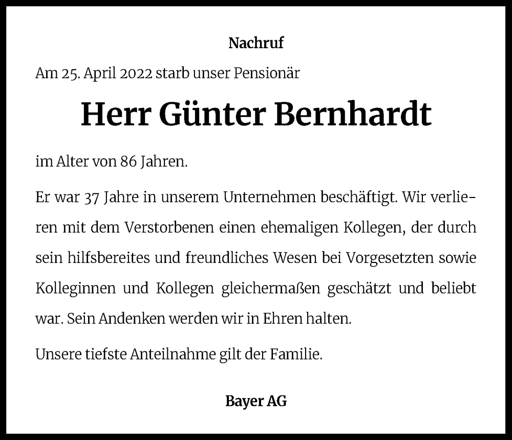 Traueranzeige für Günter Bernhardt vom 12.05.2022 aus Kölner Stadt-Anzeiger / Kölnische Rundschau / Express