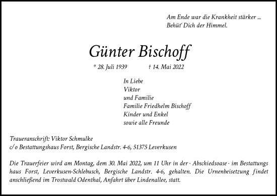 Anzeige von Günter Bischoff von Kölner Stadt-Anzeiger / Kölnische Rundschau / Express