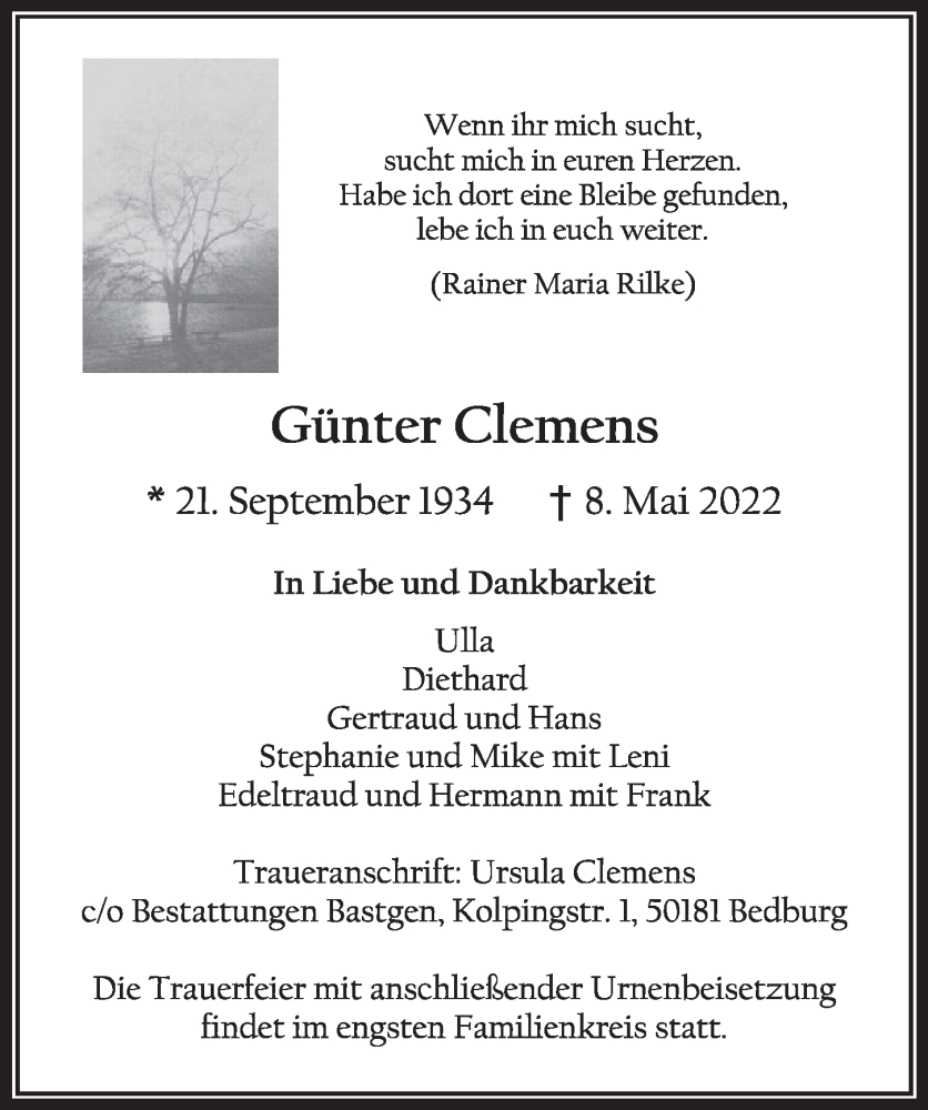  Traueranzeige für Günter Clemens vom 27.05.2022 aus  Werbepost 