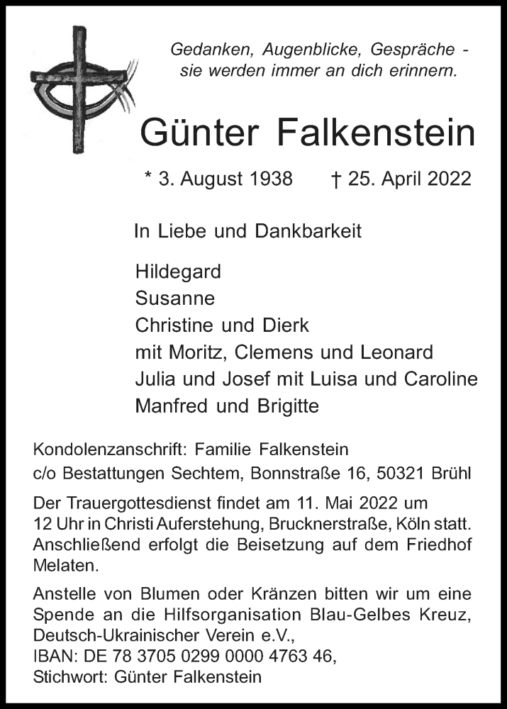  Traueranzeige für Günter Falkenstein vom 07.05.2022 aus Kölner Stadt-Anzeiger / Kölnische Rundschau / Express