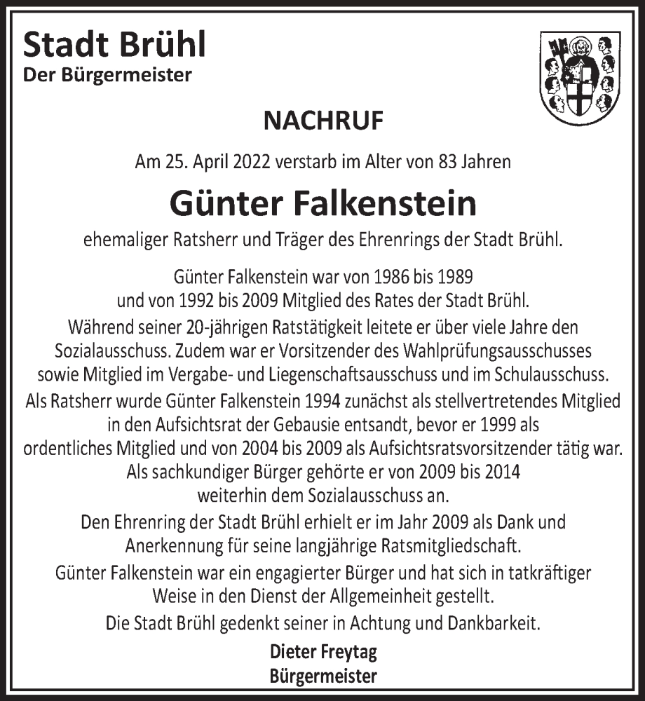  Traueranzeige für Günter Falkenstein vom 20.05.2022 aus  Schlossbote/Werbekurier 