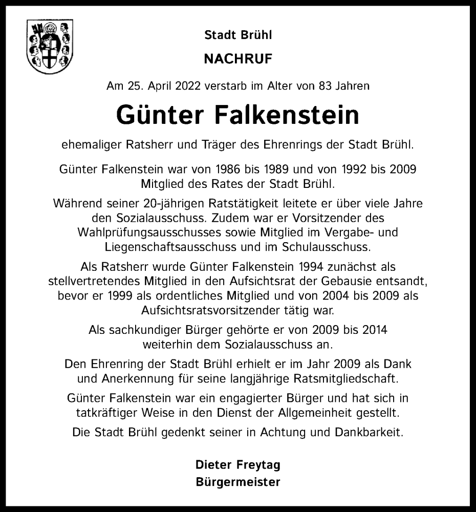  Traueranzeige für Günter Falkenstein vom 21.05.2022 aus Kölner Stadt-Anzeiger / Kölnische Rundschau / Express