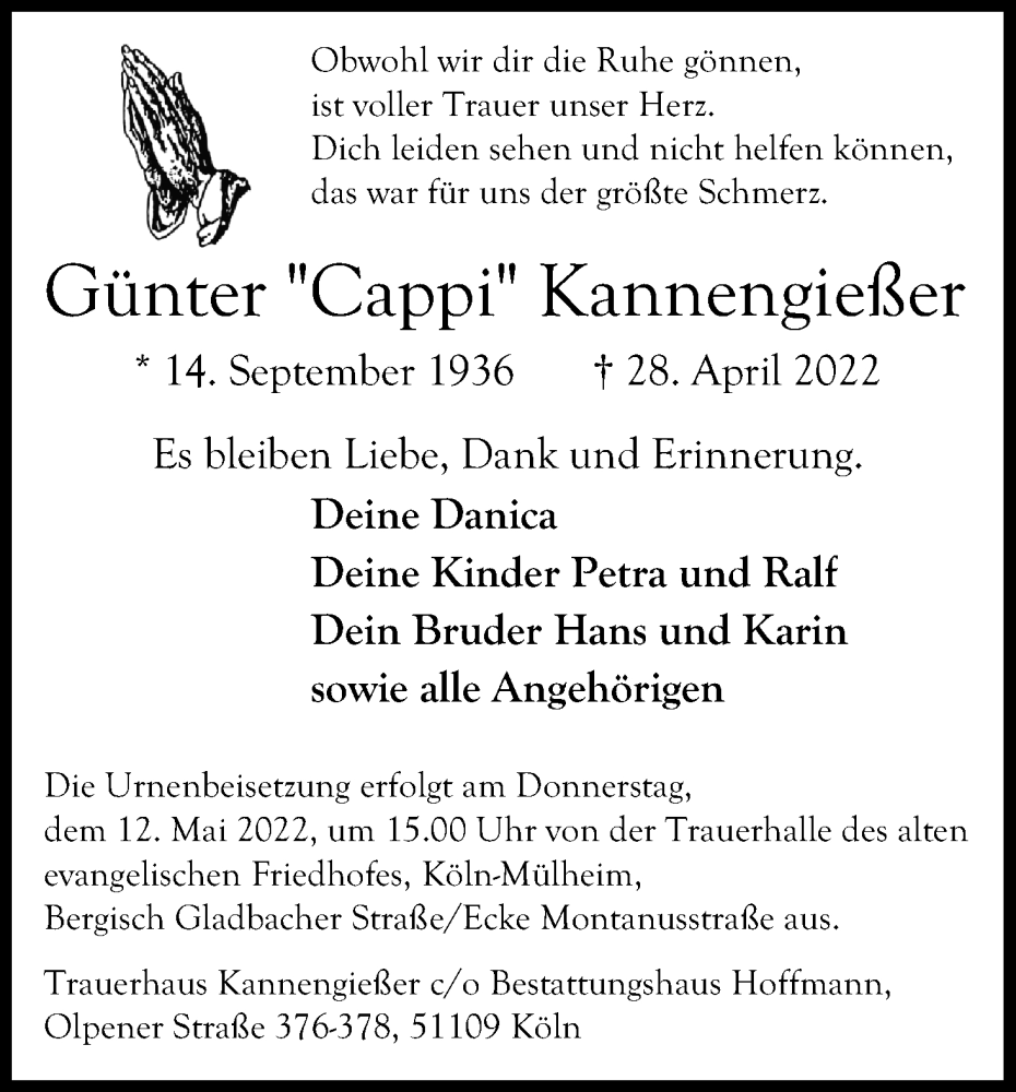  Traueranzeige für Günter Kannengießer vom 07.05.2022 aus Kölner Stadt-Anzeiger / Kölnische Rundschau / Express
