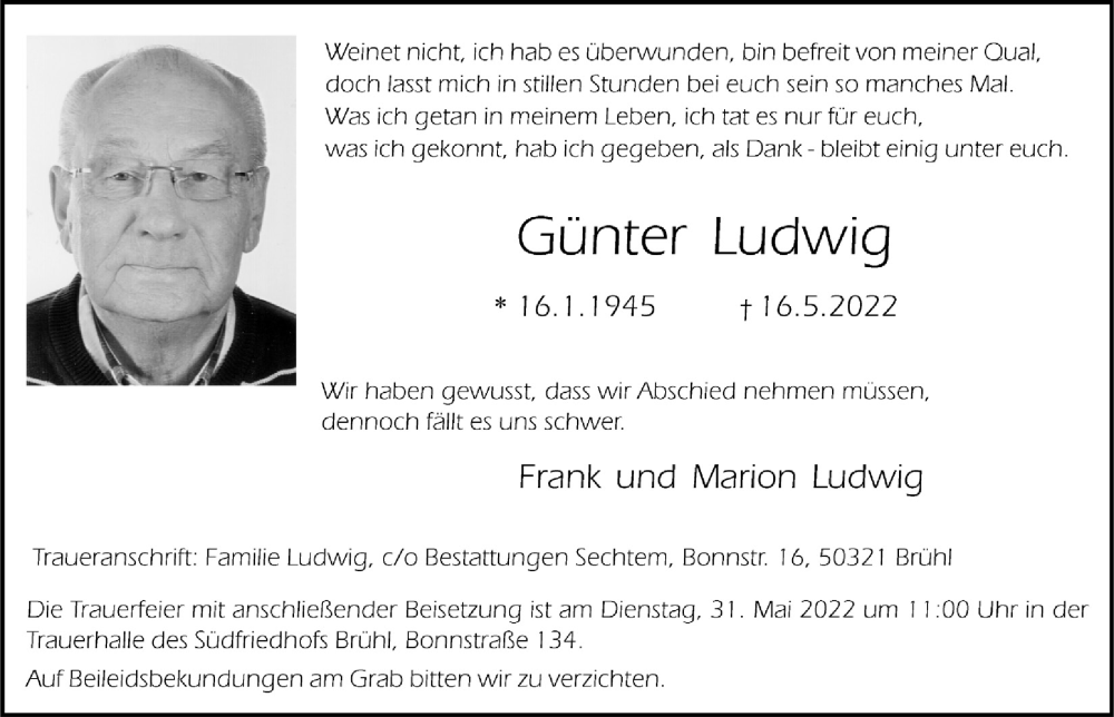  Traueranzeige für Günter Ludwig vom 20.05.2022 aus  Schlossbote/Werbekurier 