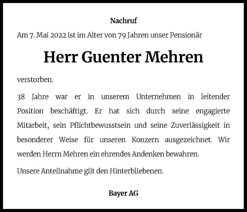  Traueranzeige für Guenter Mehren vom 21.05.2022 aus Kölner Stadt-Anzeiger / Kölnische Rundschau / Express