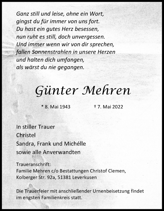 Anzeige von Günter Mehren von Kölner Stadt-Anzeiger / Kölnische Rundschau / Express