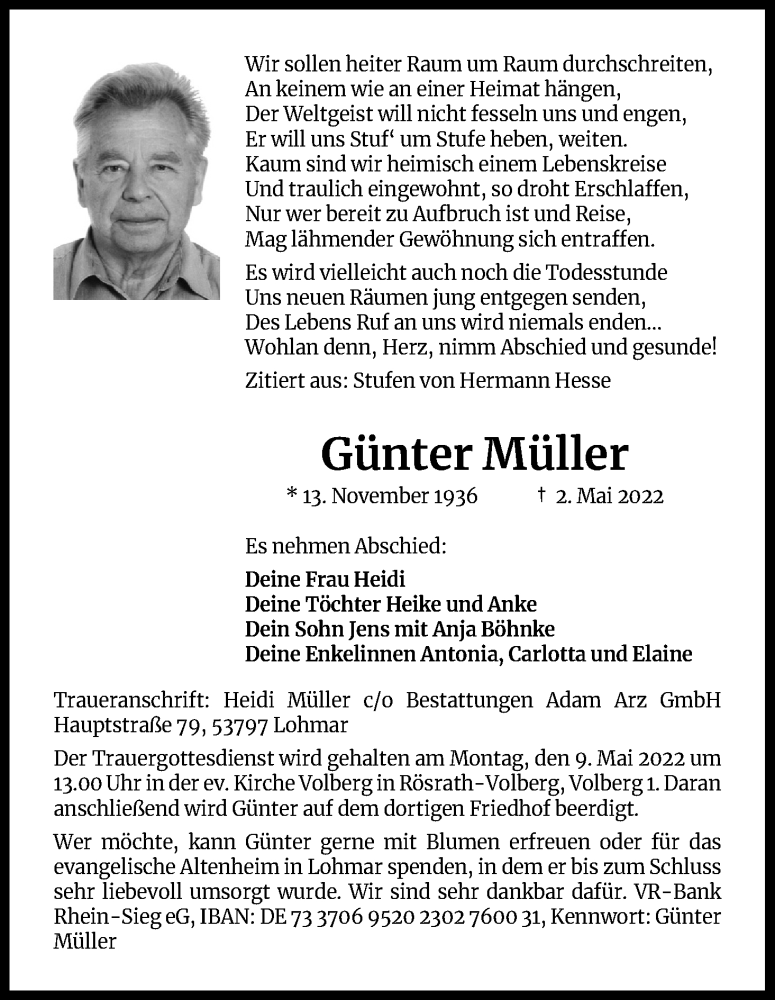  Traueranzeige für Günter Müller vom 07.05.2022 aus Kölner Stadt-Anzeiger / Kölnische Rundschau / Express