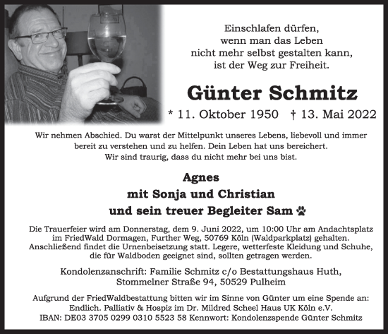 Anzeige von Günter Schmitz von  Wochenende 