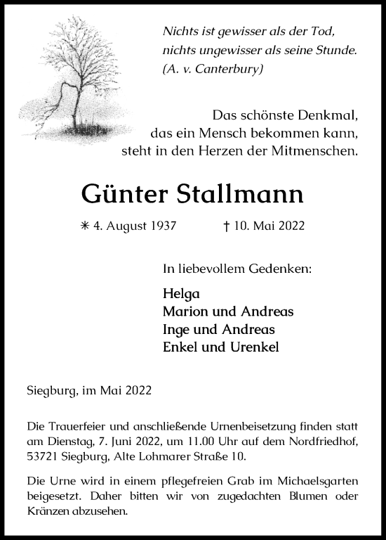 Anzeige von Günter Stallmann von Kölner Stadt-Anzeiger / Kölnische Rundschau / Express