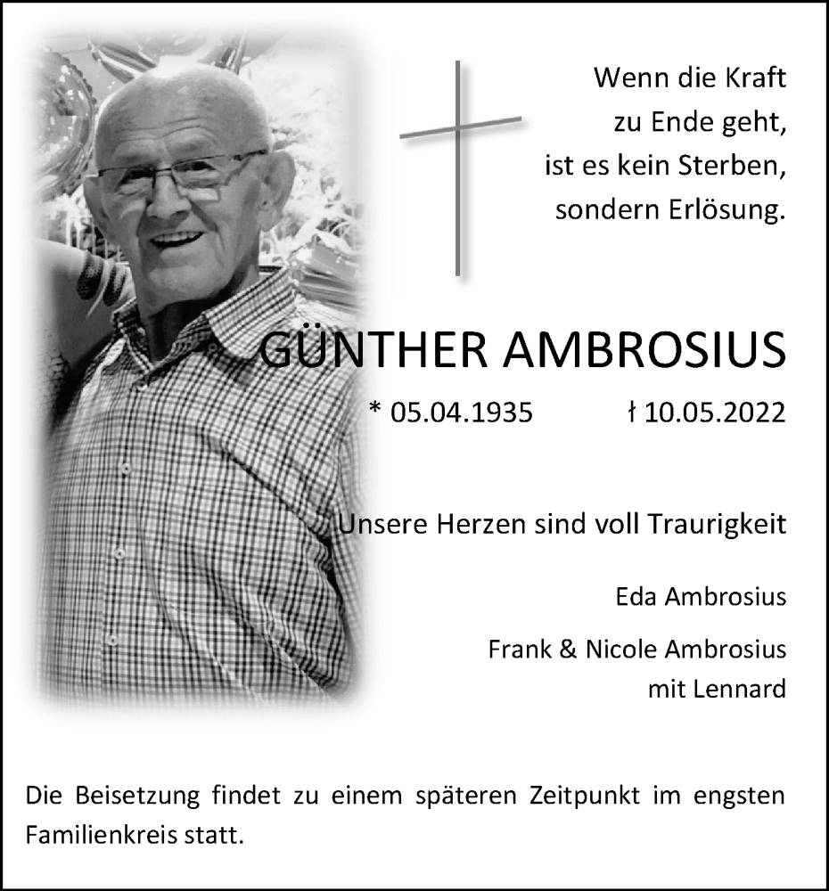  Traueranzeige für Günther Ambrosius vom 14.05.2022 aus Kölner Stadt-Anzeiger / Kölnische Rundschau / Express