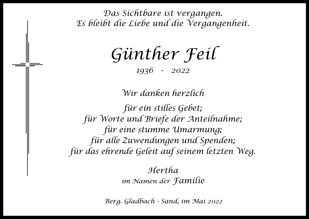  Traueranzeige für Günther Feil vom 14.05.2022 aus Kölner Stadt-Anzeiger / Kölnische Rundschau / Express